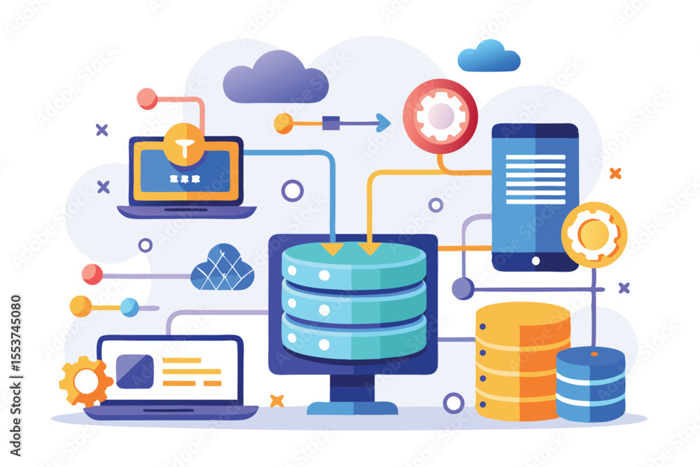 Poster database synchronization and backup concept featuring cloud technology with various devices and inte