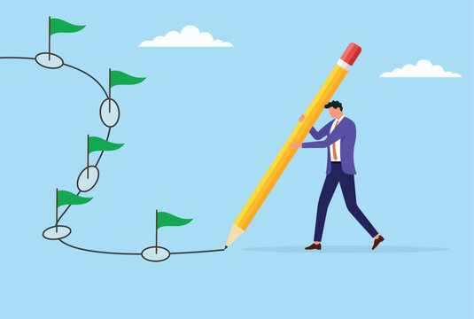 Vector illustration of a businessman drawing milestone flags, representing goal setting, strategic vision, and marking key achievements on the path to business growth and success
