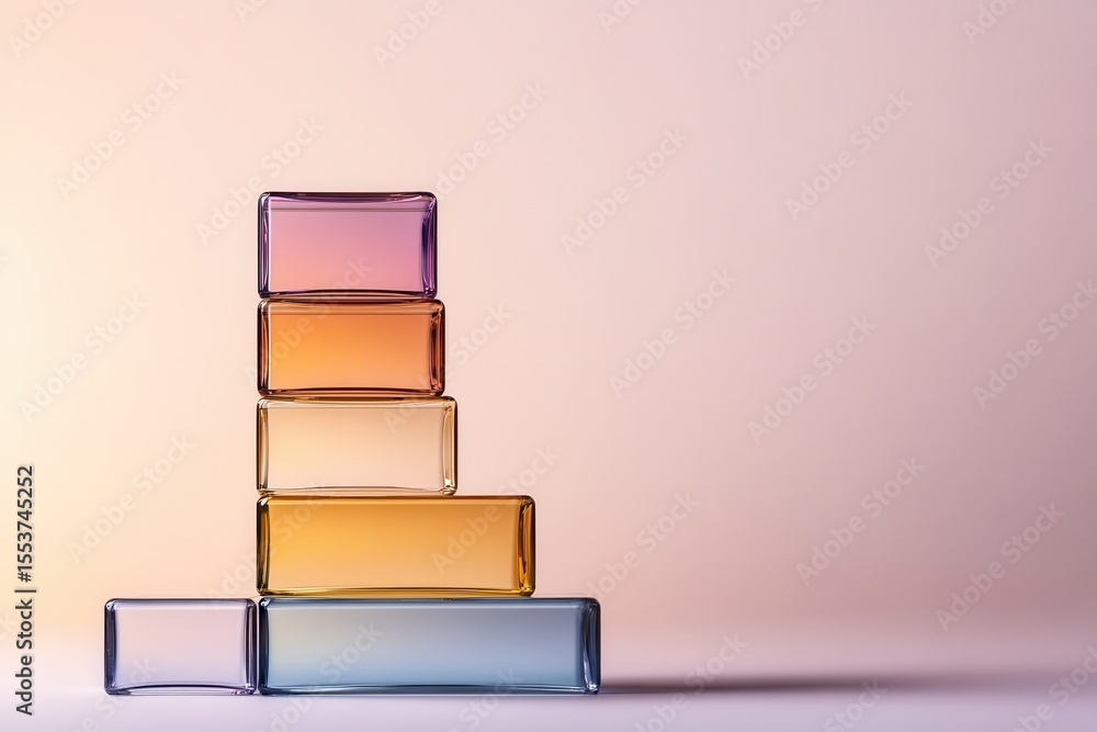 Poster pyramid structure of transparent cubes reflecting soft rainbow hues against a minimal white backdrop