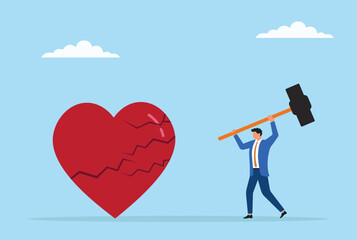 Vector illustration of a businessman breaking a giant love sign with a hammer, symbolizing emotional release, heartbreak, or breaking away from past attachments to start anew
