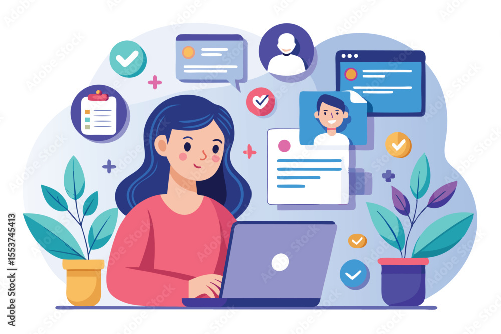 Poster woman engaging in activity of creating a personal profile account for social networking on laptop wi