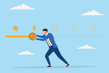 Vector illustration of a businessman pushing the review bar from good to bad, representing challenges, mistakes, and the potential decline in business reputation and customer satisfaction
