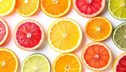 Colorful Slices Of Various Citrus Fruit On A White Background.