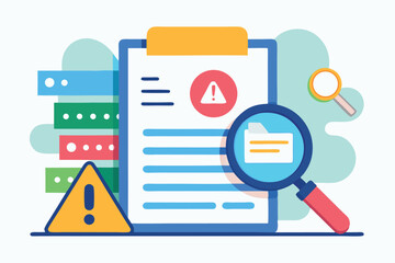 Naklejka na ściany i meble Risk assessment document with magnifying glass highlighting key elements of analysis and data storage in a professional workspace setting
