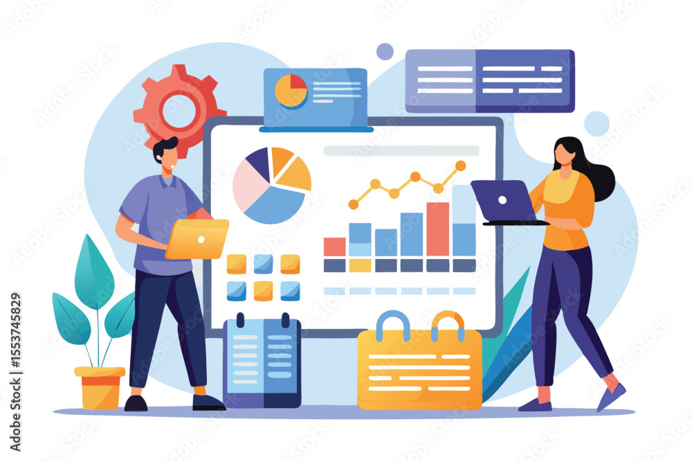 Poster analysts prepare monthly reports with calendar charts and data visualizations in a modern office env