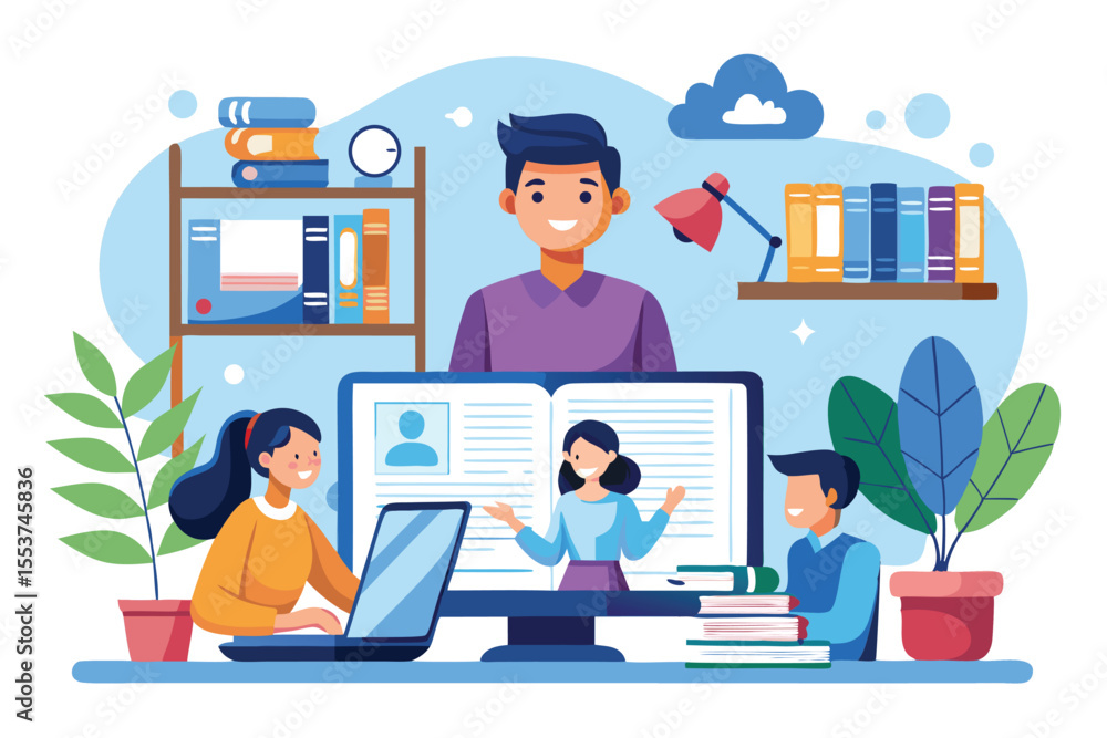 Poster students engage in online learning at home with an instructor and digital resources for effective ed
