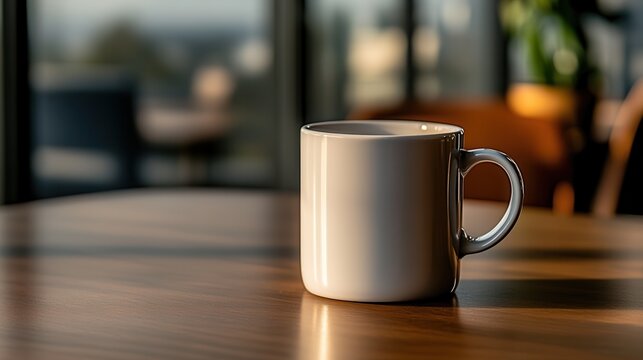 Ceramic coffee mug placed on a wooden table in a modern office setting with blurred background and natural light