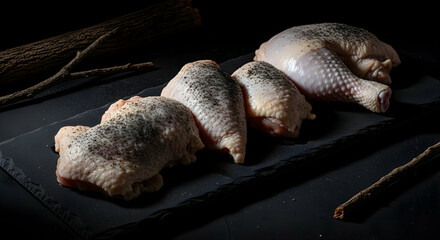 Uncooked Poultry Parts Arranged on a Dark Slate for Culinary Preparation