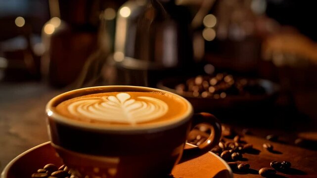 Close up on an artisan steaming coffee in a brown cup with latte art and roasted beans for a caffeine beverage or cafe shot.