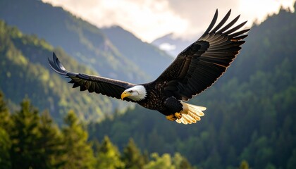 Obraz premium Majestic Bald Eagle Soaring Over Mountainous Forest In Natural H