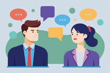 Businessman and businesswoman engaged in a conversation about strategies in a modern office setting with colorful speech bubbles representing discussion points