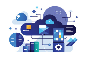 Minimalist geometric illustration of cloud computing with data storage and communication elements showcasing technological connectivity