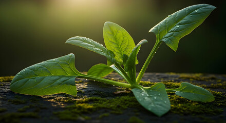 Fresh Spinach Sprouts Gleaming With Dew In Early Morning Sunlight