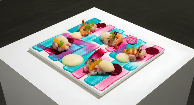 Shrimp Ceviche Art Presentation With Colorful Edible Art On A White Table