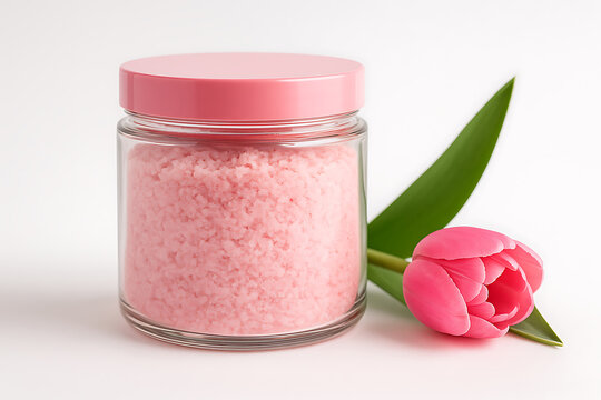 A jar filled with pink bath salt sits beside a vibrant pink tulip blossom and its green leaf on white
