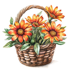 A Gazania Flower Basket, watercolor painting vector, isolated on a white background.