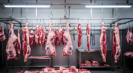 Fresh Raw Meat Cuts Hanging in a Cold Storage Room Ready for Butchering
