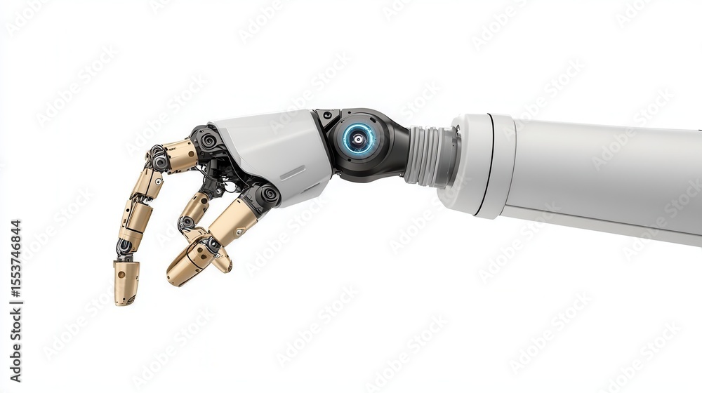 Poster robotic arm with articulated joints and sensor isolated on a white background