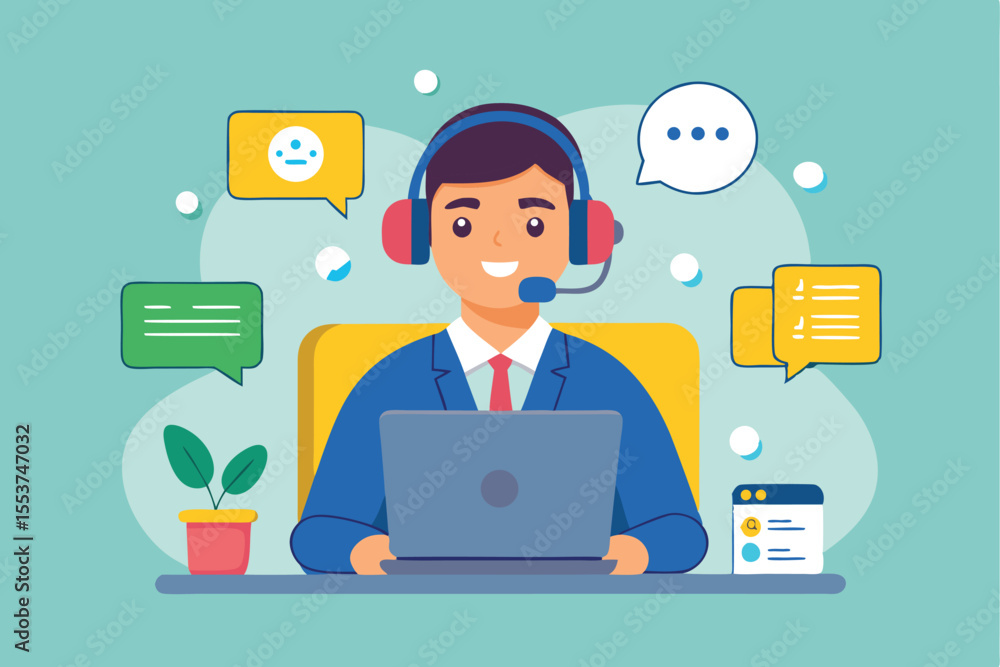 Poster call center operator providing customer support and information during work hours in a modern office
