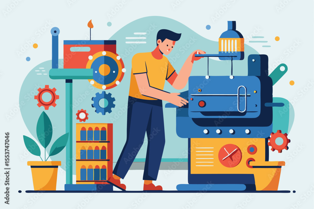 Poster man conducts monthly maintenance on machinery in a workshop setting focusing on operational efficien