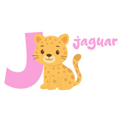 Jaguar alphabet letter J. Cute cartoon animal for kids. Jungle ABC nursery print