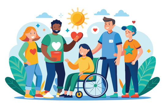 Volunteers engage with community members in supportive activities during a sunny day at a neighborhood outreach event focused on inclusion and assistance for individuals with disabilities