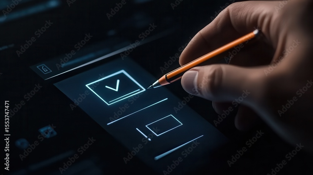 Poster completing an online survey form with a digital checklist using advanced technology for education an