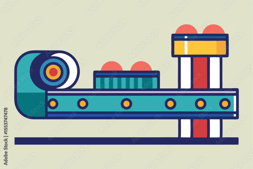 Poster conveyor belt with flat geometric rollers transporting products in a streamlined industrial setting 