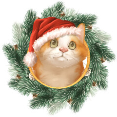 Festive Orange Cat in Red Santa Hat with Green Pine Wreath Illustration