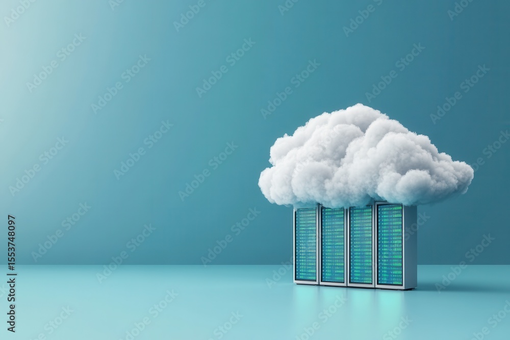 Poster visual representation of cloud computing with storage servers under a white cloud on a blue backdrop