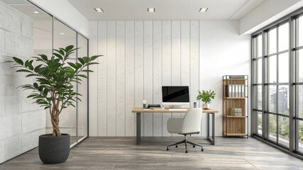 Fototapeta premium Contemporary Workspace Interior with Wooden Partition, Glass Wall, and Potted Plants