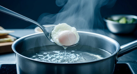 Delicious Poached Egg Drips From Silver Spoon Above Boiling Water