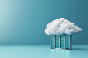 Visual representation of cloud computing with storage servers under a white cloud on a blue backdrop