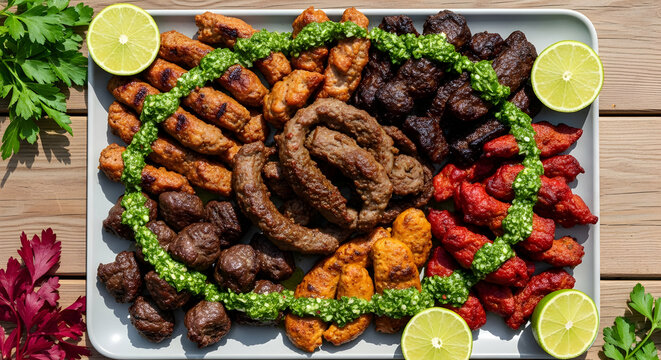 Exquisite Meat Platter Displaying Diverse Grilled Delights And Vibrant Green Sauce