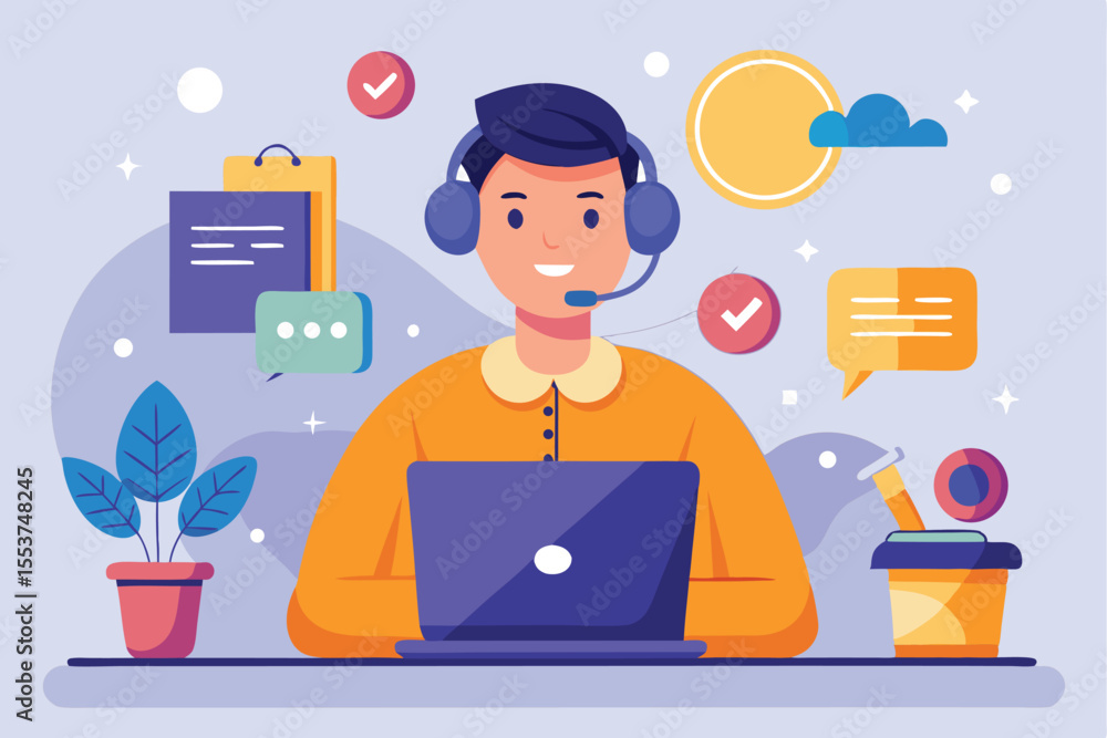Poster customer support representative provides assistance in a modern call center environment with engagin
