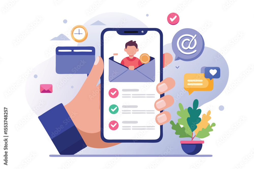 Poster sending emails to friends while holding a smartphone in a colorful and modern digital workspace duri