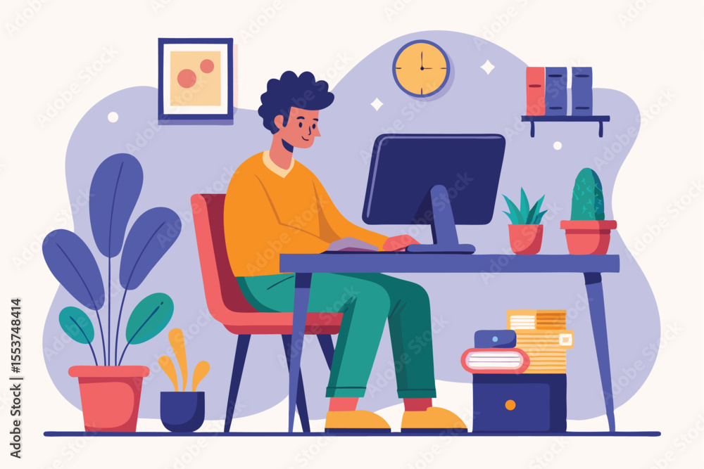 Poster freelancer working from home at a desk with a computer in a cozy workspace filled with plants and bo