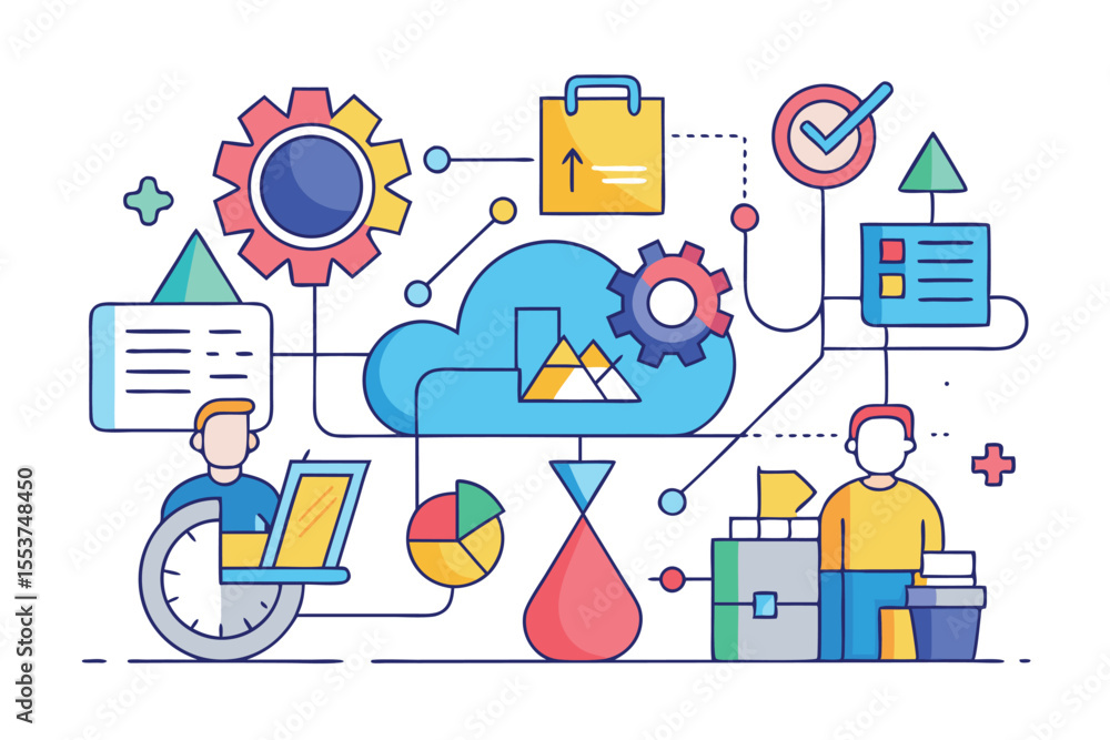 Poster work planning stage features teamwork and abstract ideas illustrating project management concepts an