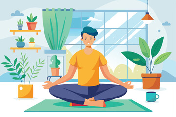 Young man engages in yoga practice at home in a bright room surrounded by plants and natural light