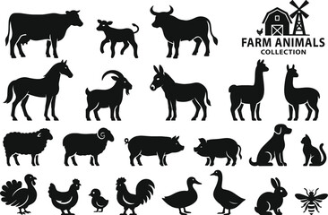 Farm animals collection: silhouette vector set of horse, cow, goat, pig, and sheep illustrations
