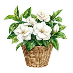 watercolor vector of A Gardenia Flower Basket, isolated on a white background.