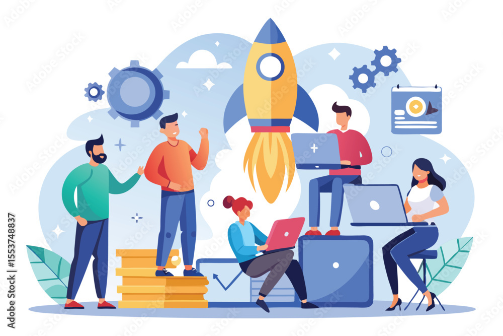 Poster project development team collaborates to launch innovative business in a creative workspace with tec