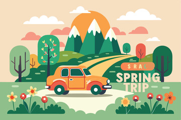 Fototapeta premium Colorful spring road trip landscape with a cute car driving through a vibrant countryside filled with flowers and mountains during a sunny day
