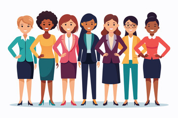 Obraz premium Diverse group of businesswomen standing confidently in professional attire, showcasing unity and empowerment in the workplace environment