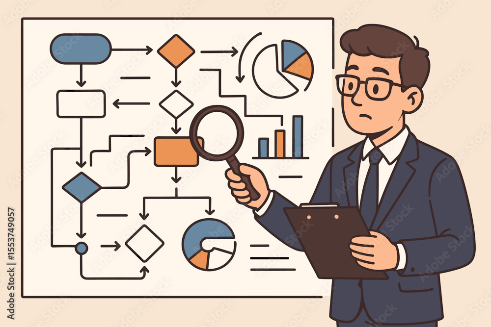 Poster business analyst examining complex flowchart with a magnifying glass. concept for data analysis, pro