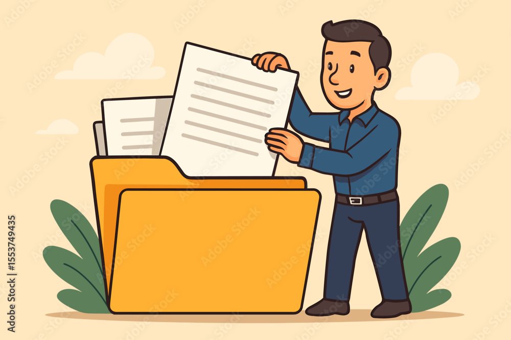 Poster businessman character organizing documents and files in a large folder. office worker managing paper