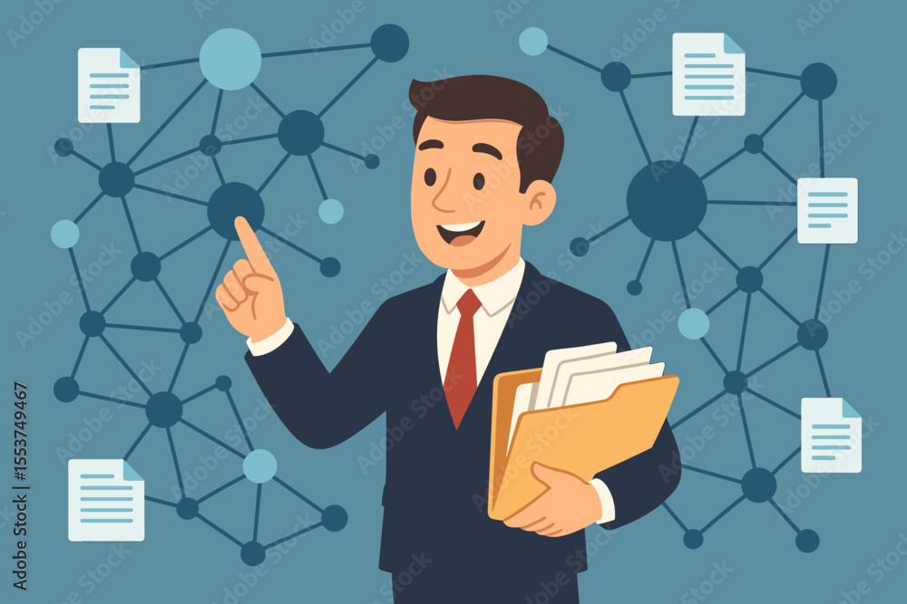 Poster businessman managing data network with document folder. professional cartoon character organizing in