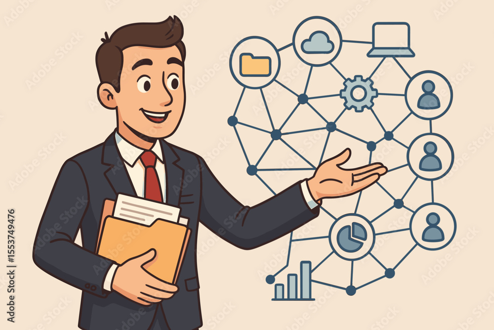 Poster businessman presenting data management system. concept of network structure, cloud computing, busine