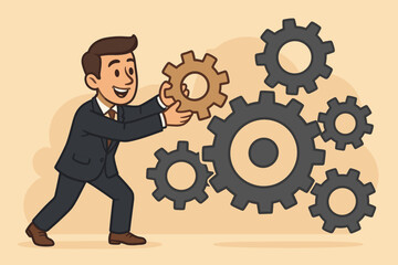 Businessman integrating a missing gear into a cogwheel mechanism. Business process, development, and teamwork concept. Metaphor for strategy, solution, and success. Cartoon vector.