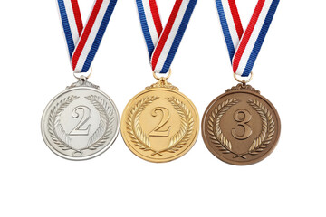 Three olympic style medals for first second and third place isolated on transparent background